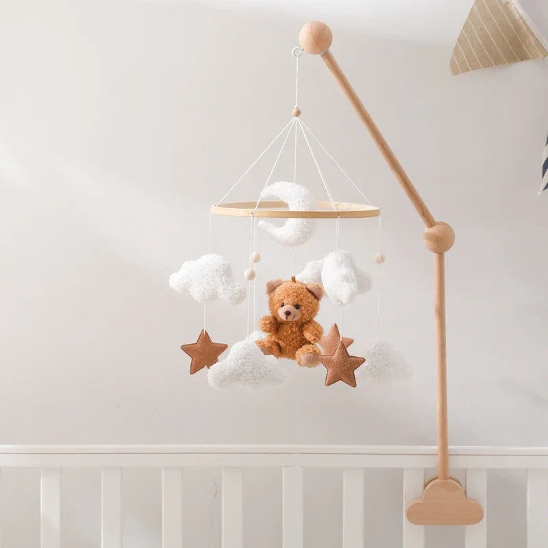 Crib Wooden Mobile Felt Bear Musical Newborn Sensory Toys