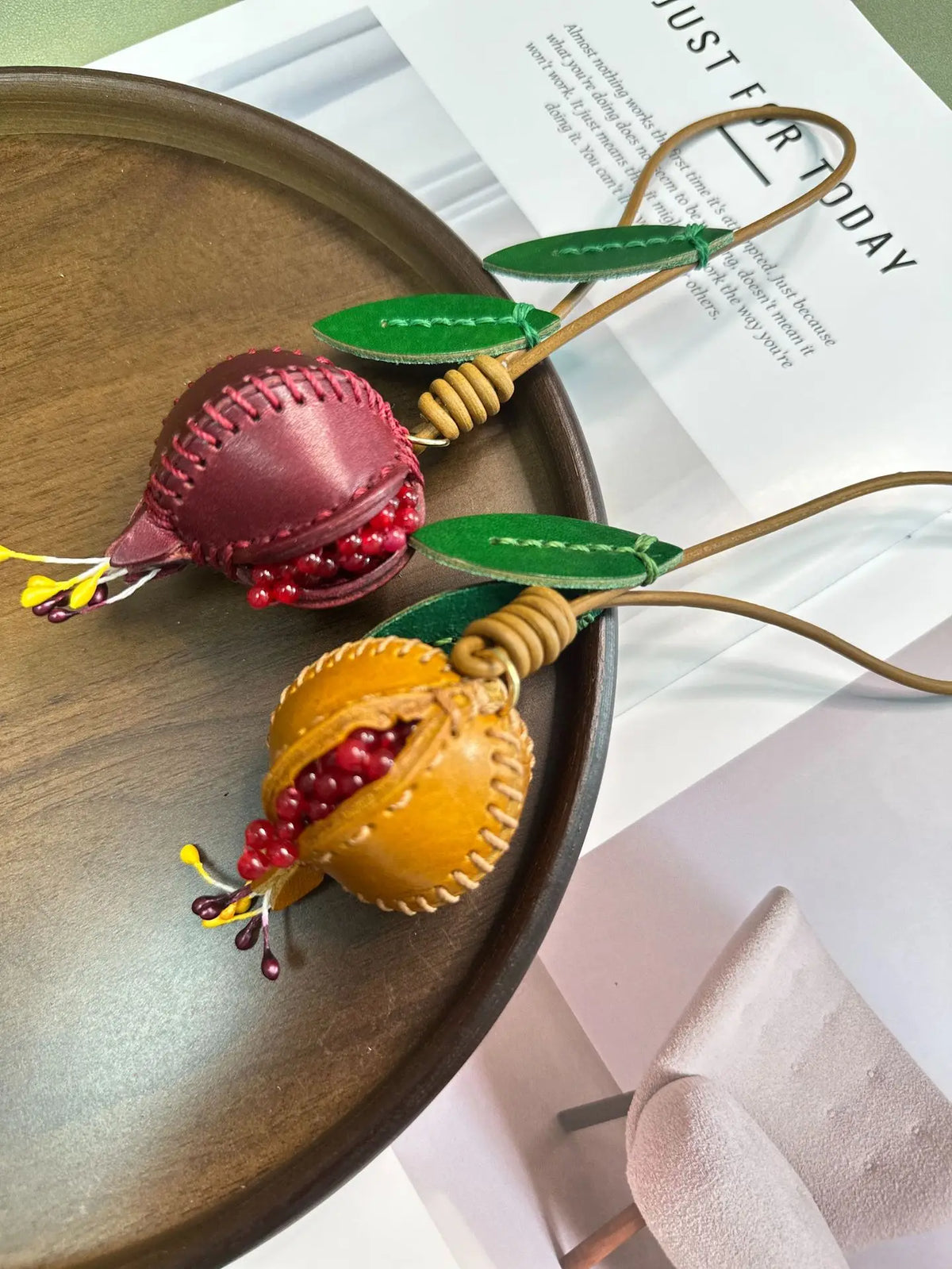 Leather Pomegranate Charm Keychain Bag And Car Decor