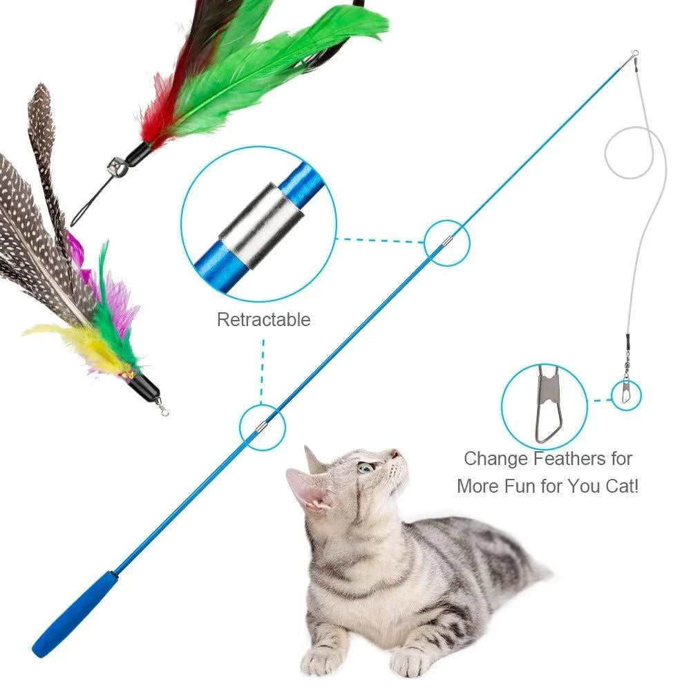 11pcs Replacement Cat Feather Toy Kit - Retractable Cat Stick for Play, Sturdy Feather Toys