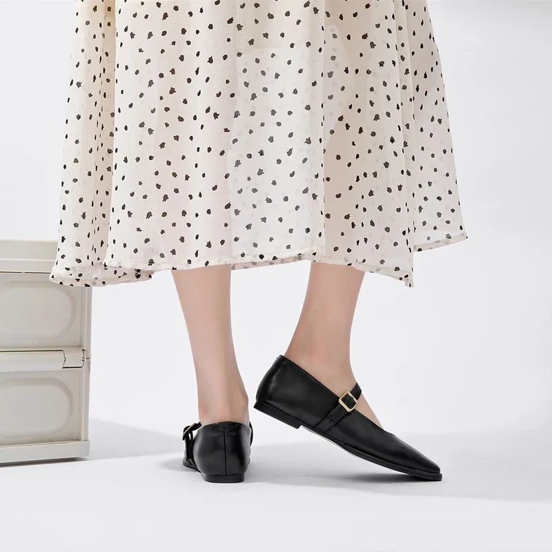 Women Supportive Mary Jane Flats - Square Toe, Leather