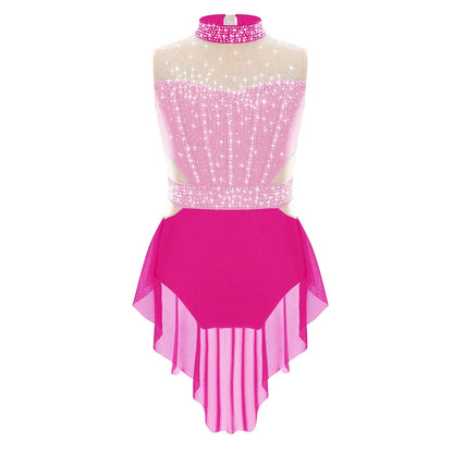 Flattering Stretchy Girls' Dance Leotard - Sleeveless Rhinestone Mesh Top, Polyester, Nylon, Elastane, For Competition