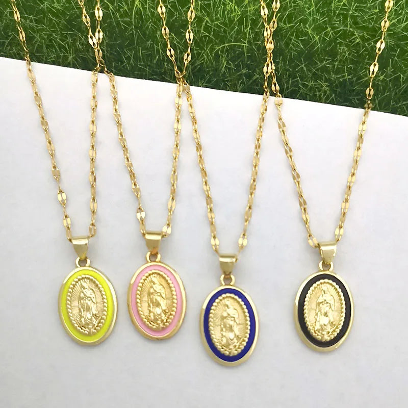 women's Timeless Virgin Mary pendant necklace - 18K gold-plated stainless steel link chain, for everyday wear