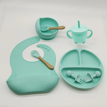 Baby Silicone Tableware Kit 8 Piece Suction Bowls Divided Plate Bib Spoon Fork Fall 2025 Self Feeding Aid