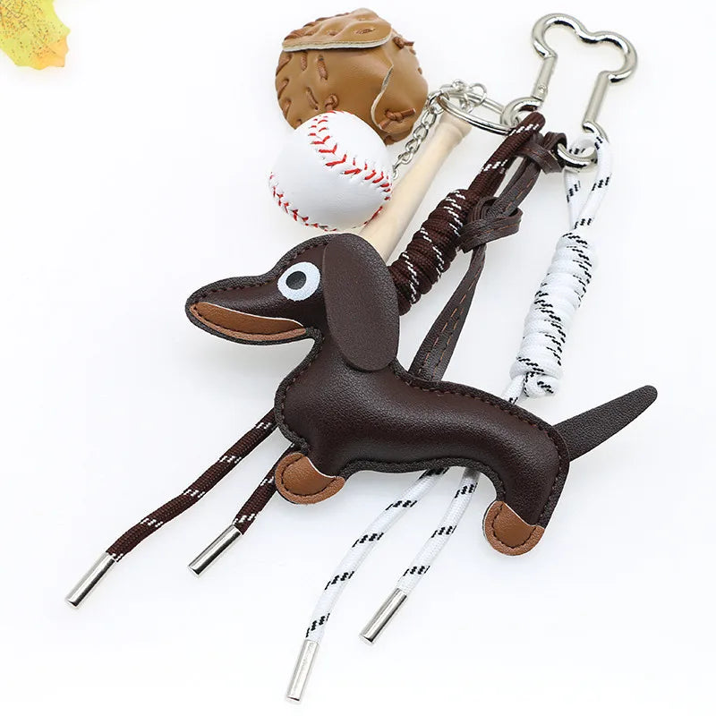 Pu Dachshund Leather Bag Charm Baseball Keychain Gift