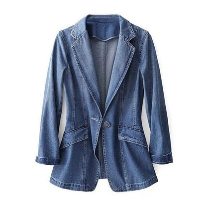 Women's Denim Blazer with Notched Lapel and Button Closure, Structured Cut for Casual and Semi-Formal Wear-2