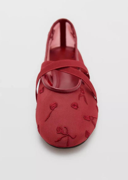 Light Women Ballet Flats - Mary Jane, Embroidered Mesh