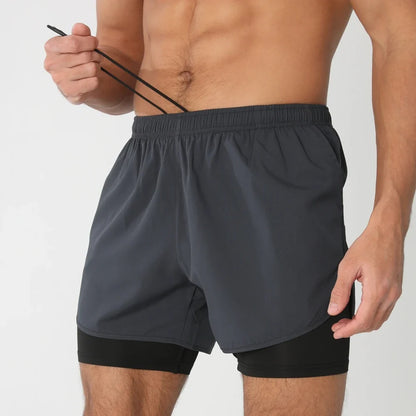 Fast-dry men's 2-in-1 running shorts - lightweight lined, polyester, for gym and summer training