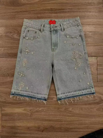Women's Relaxed Denim Shorts - Straight Knee-Length Cut, Rhinestone Cross Applique, Frayed Hem For Streetwear