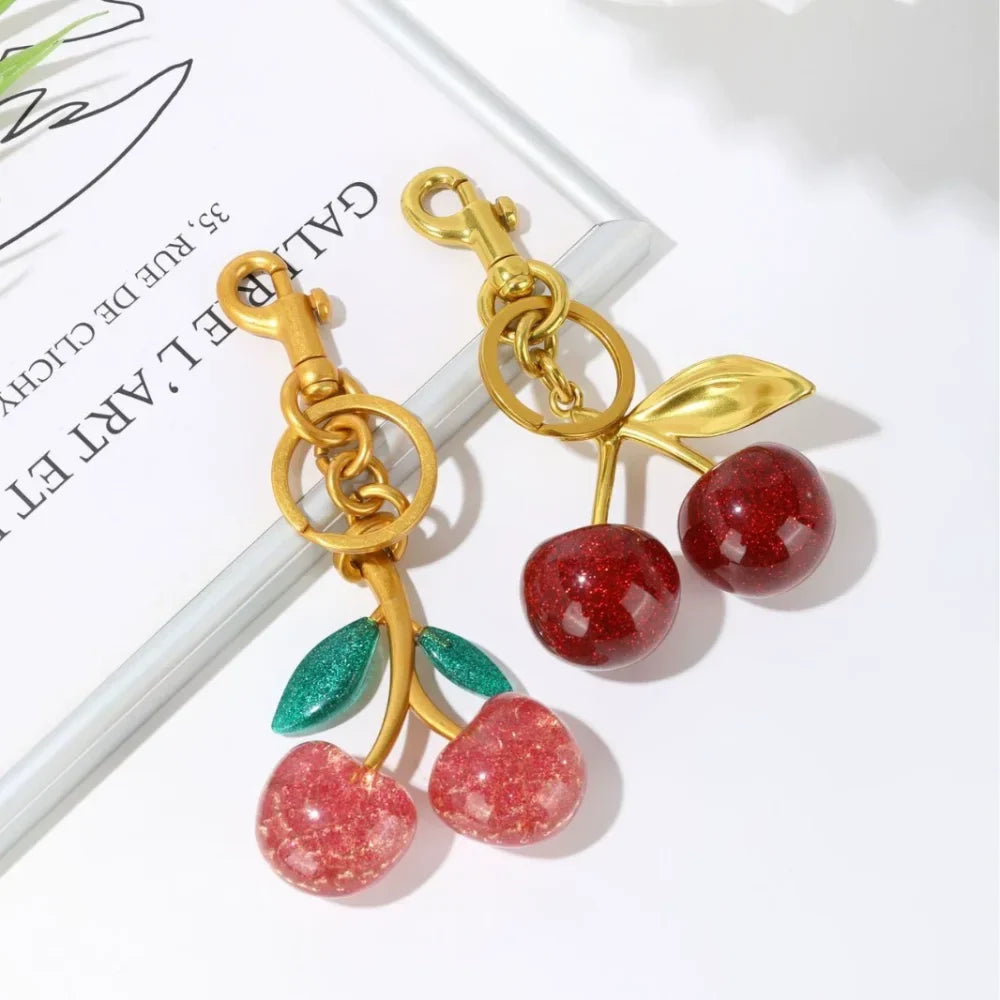 Cherry Red Keychain Bag Charm With Gold Leaf Lobster Clasp