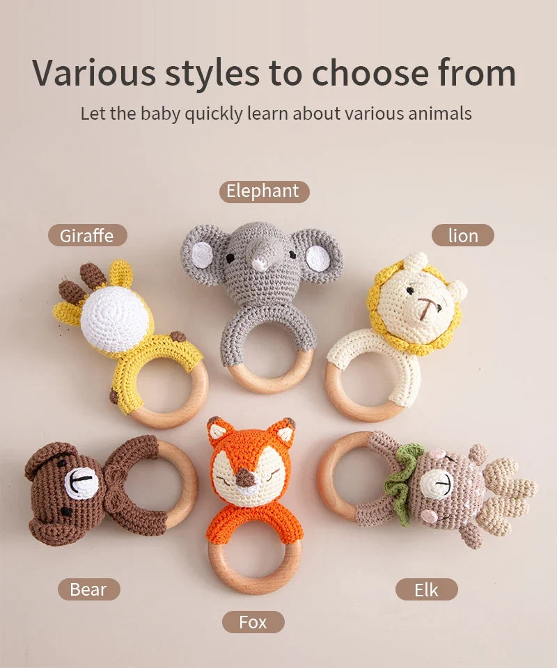 Crochet Wooden Animal Teether Rattle Newborn Sensory Toys