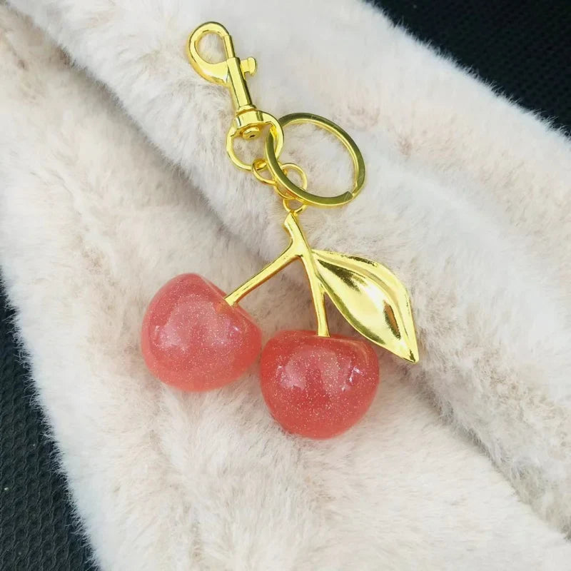 Cherry Red Keychain Bag Charm With Gold Leaf Lobster Clasp