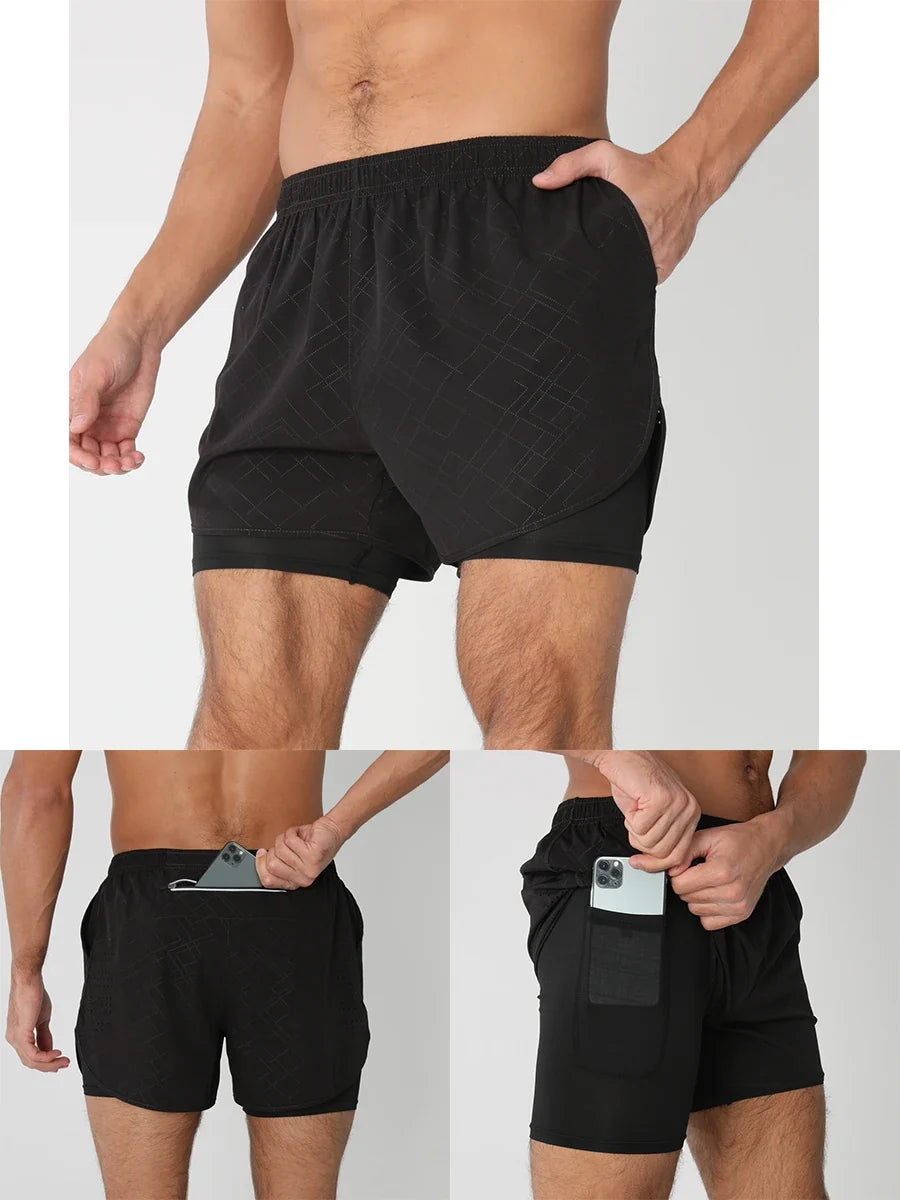 Fast-dry men's 2-in-1 running shorts - lightweight lined, polyester, for gym and summer training