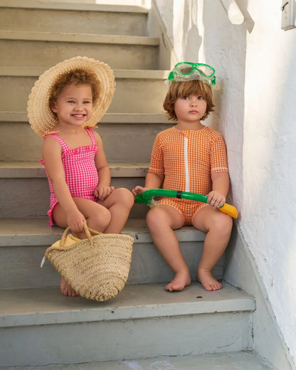 Fast-Dry Unisex Kids Swimsuit - One-Piece Gingham Plaid, Polyester, For Summer Vacation