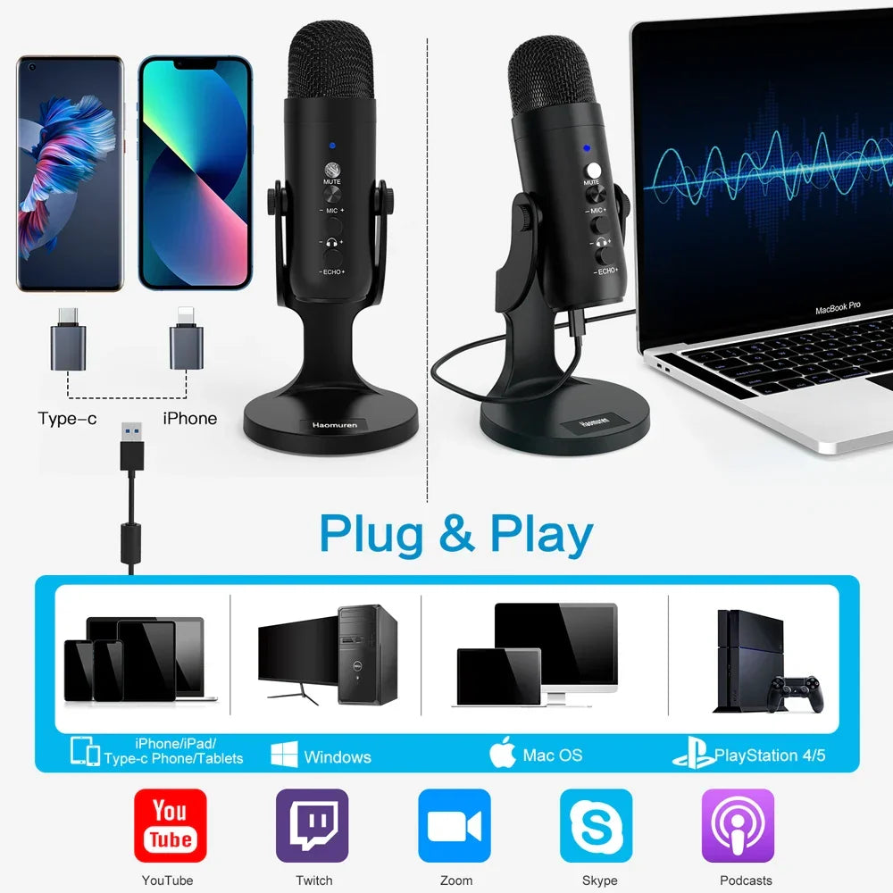 Condenser USB Microphone Desktop Mic For Streaming Podcast