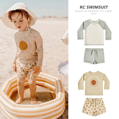 Fast-dry baby boys' swimwear set - long-sleeve top and shorts, polyester, for swimming