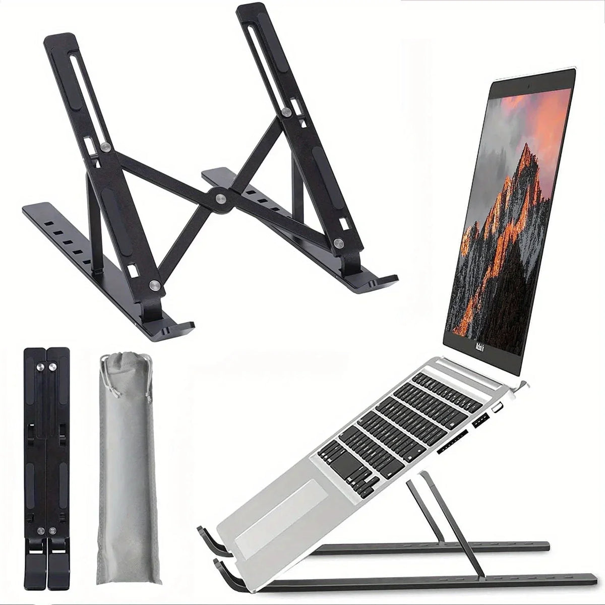 Travel-Friendly Flexible Aluminum Laptop Stand with Accessories - 6-Level Height, Anti-Slip Design, Enhanced Ventilation for 8-16" Laptops