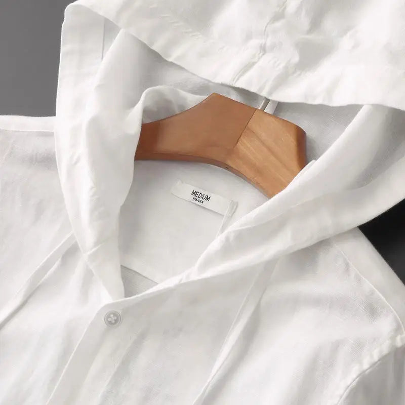 Summer Spring Solid Color Hooded Cotton Hemp Shirt Man Casual Cardigan