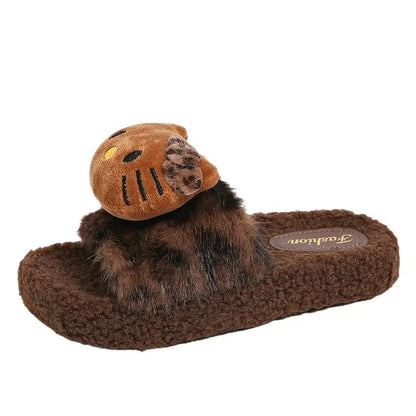 Plush girls' slippers - cozy leopard-print plush fur, polyester, indoor wear, gift