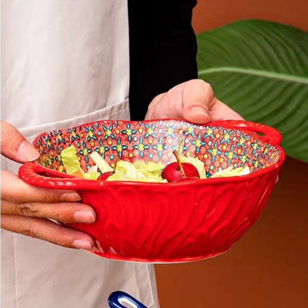 Soup Ceramic Bowl Bohemian Handle Embossed Microwave