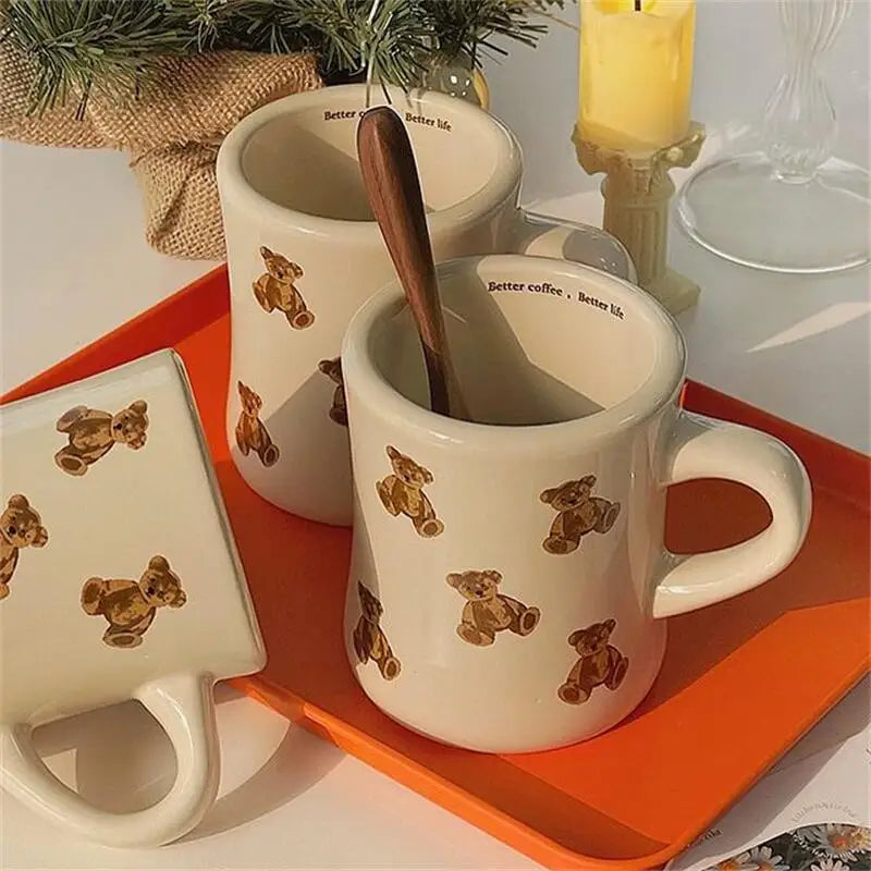 Ceramic Mug Cream Teddy Bear Print Coffee Cup With Handle Korean Cute Breakfast Mug Fall 2025 Cute Gift Simple Grip