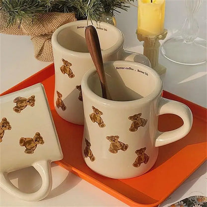 Ceramic Mug Cream Teddy Bear Print Coffee Cup With Handle Korean Cute Breakfast Mug Fall 2025 Cute Gift Simple Grip