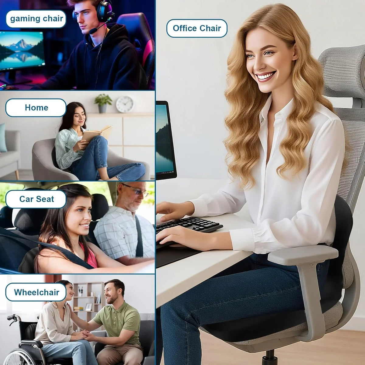 Comfort-Grip Lumbar Support for Office Chair and Car, Stress Relief – Memory Foam Seat Cushion