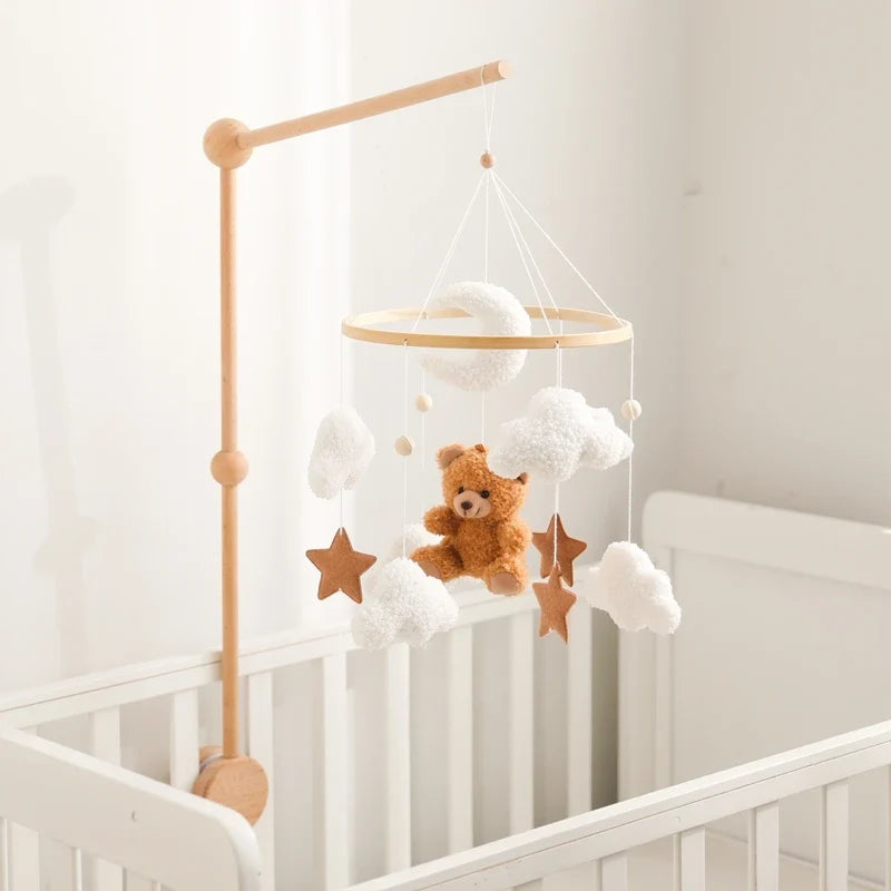 Crib Wooden Mobile Felt Bear Musical Newborn Sensory Toys