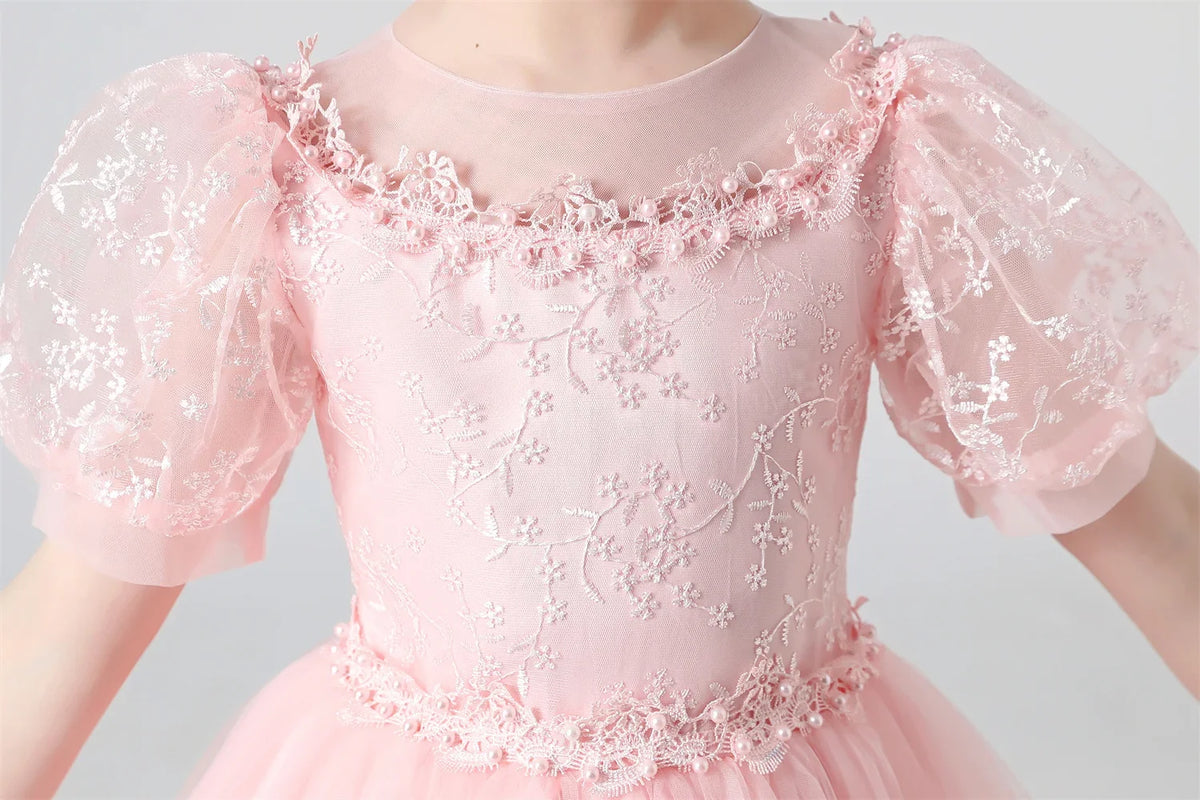 Plush Girls' Dress - Flowy Princess-Cut Lace-Embroidery, Polyester, Wedding Party
