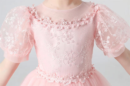 Plush Girls' Dress - Flowy Princess-Cut Lace-Embroidery, Polyester, Wedding Party