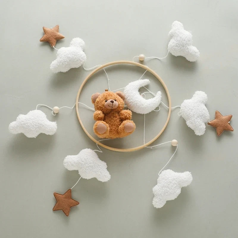 Crib Wooden Mobile Felt Bear Musical Newborn Sensory Toys