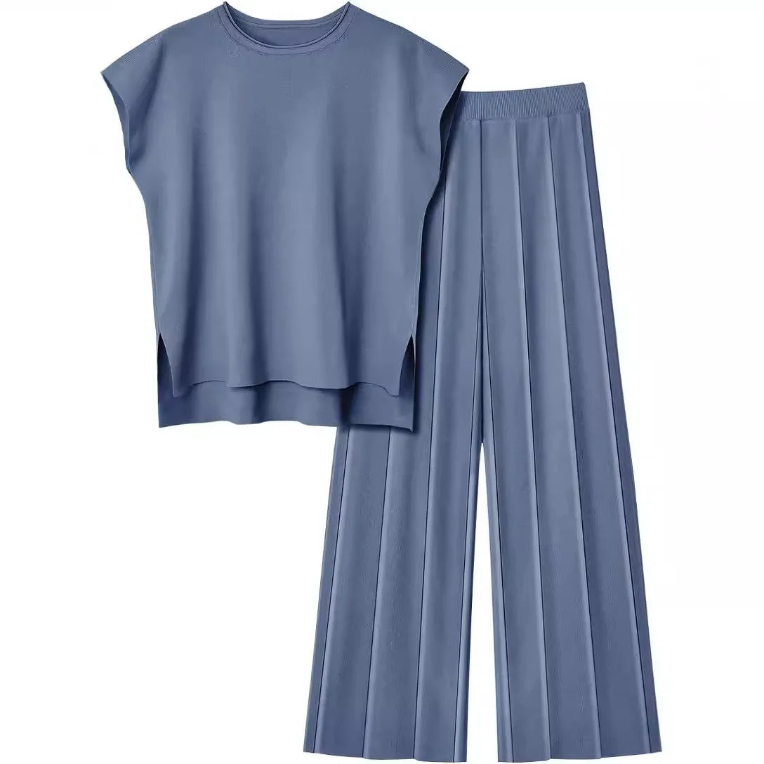 Sleeveless Round-Neck Knit Top, High-Waist Wide-Leg Trousers For Summer – Plush Relaxed Women’s Two-Piece Pant Kit