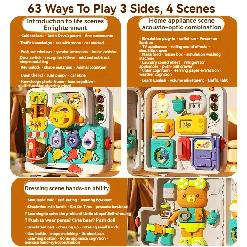 Busy2025 Edition Board 63 In 1 Montessori Sensory Toy Travel Friendly With Music Lights Switches Early Learning Play