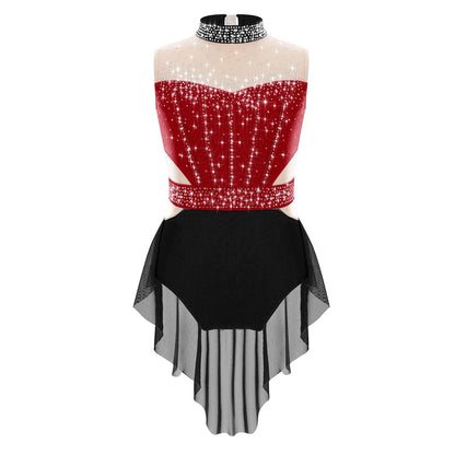 girls' Stretchy leotard - rhinestone mesh yoke, sleeveless, polyester, nylon, elastane, for lyrical dance performance