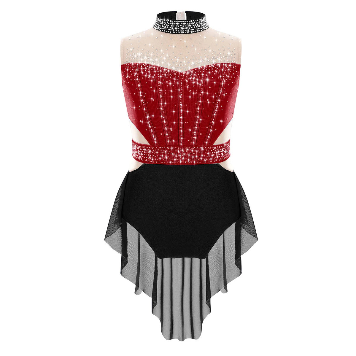 Flattering Stretchy Girls' Dance Leotard - Sleeveless Rhinestone Mesh Top, Polyester, Nylon, Elastane, For Competition