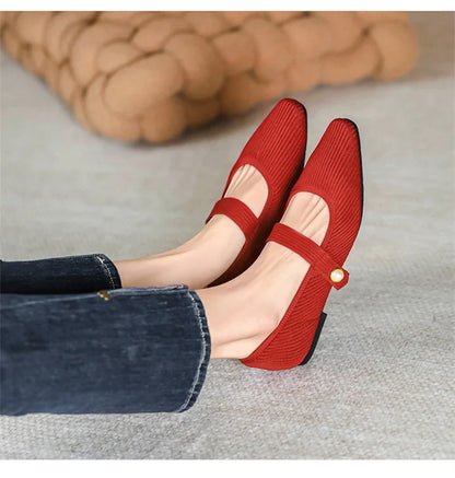Women Stretchy Mary Jane Flats - Ribbed Knit For Spring