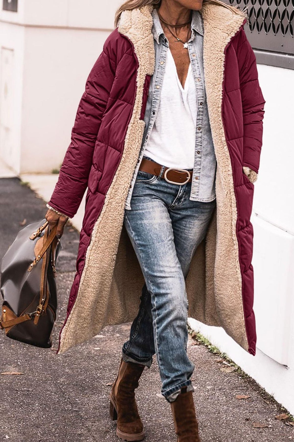 Women’s Warm Reversible Long Coat - Quilted Sherpa Hooded