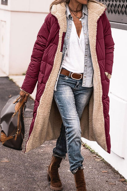 Women’s Warm Reversible Long Coat - Quilted Sherpa Hooded