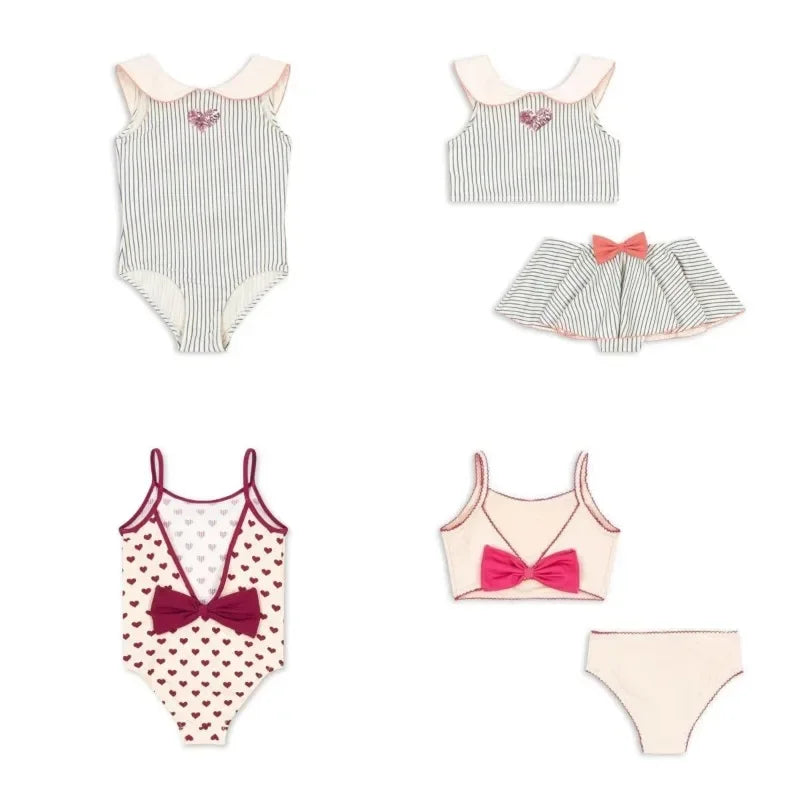 Light girls' swimsuit - stripe long-sleeve, bow accent, nylon, for summer beach days