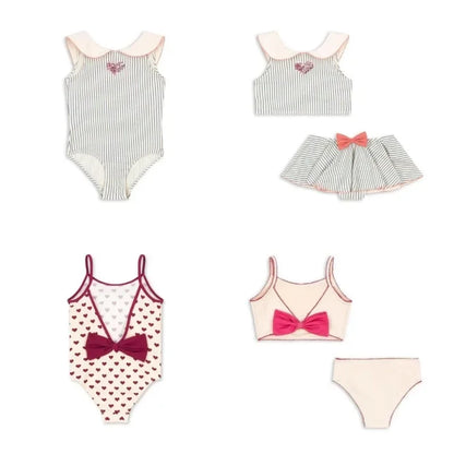 Light girls' swimsuit - stripe long-sleeve, bow accent, nylon, for summer beach days
