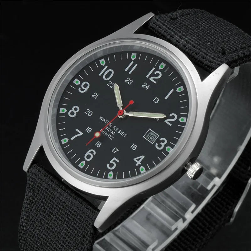 Field Quartz Watch Nylon Strap Military Style Date Luminous
