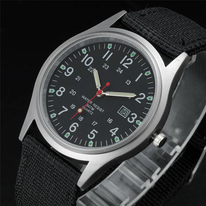 Field Quartz Watch Nylon Strap Military Style Date Luminous