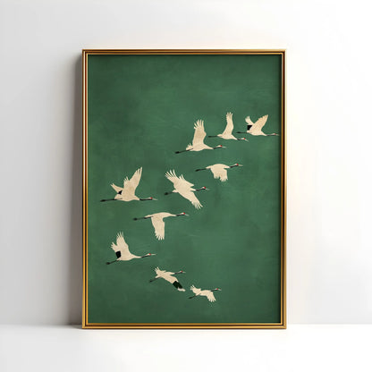 Wall Cranes Art Emerald Green Canvas With Gold Accents