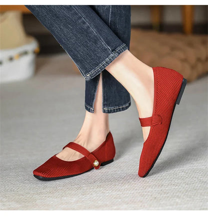 Women Stretchy Mary Jane Flats - Ribbed Knit For Spring