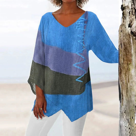 Shirt T Women New Fashion Casual V-Neck Long Sleeve Patchwork Top