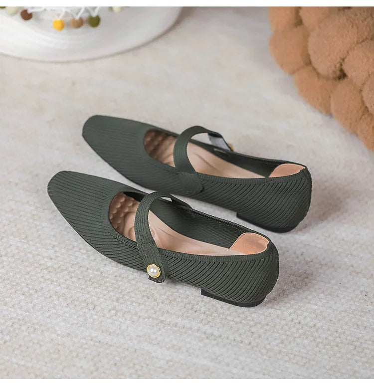 Women Stretchy Mary Jane Flats - Ribbed Knit For Spring