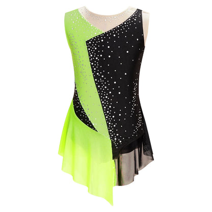 Flattering Stretchy Girls' Dance Leotard - Sleeveless Rhinestone Mesh Top, Polyester, Nylon, Elastane, For Competition