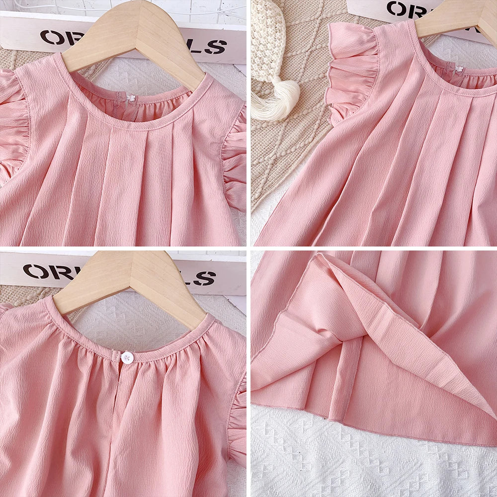 Plush girls' dress - princess, pleated, round-necked, polyester, summer party wear