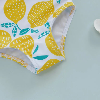 Light Girls' Swimsuit - One-Shoulder Ruffle, Lemon Print, Polyester, Summer Beachwear
