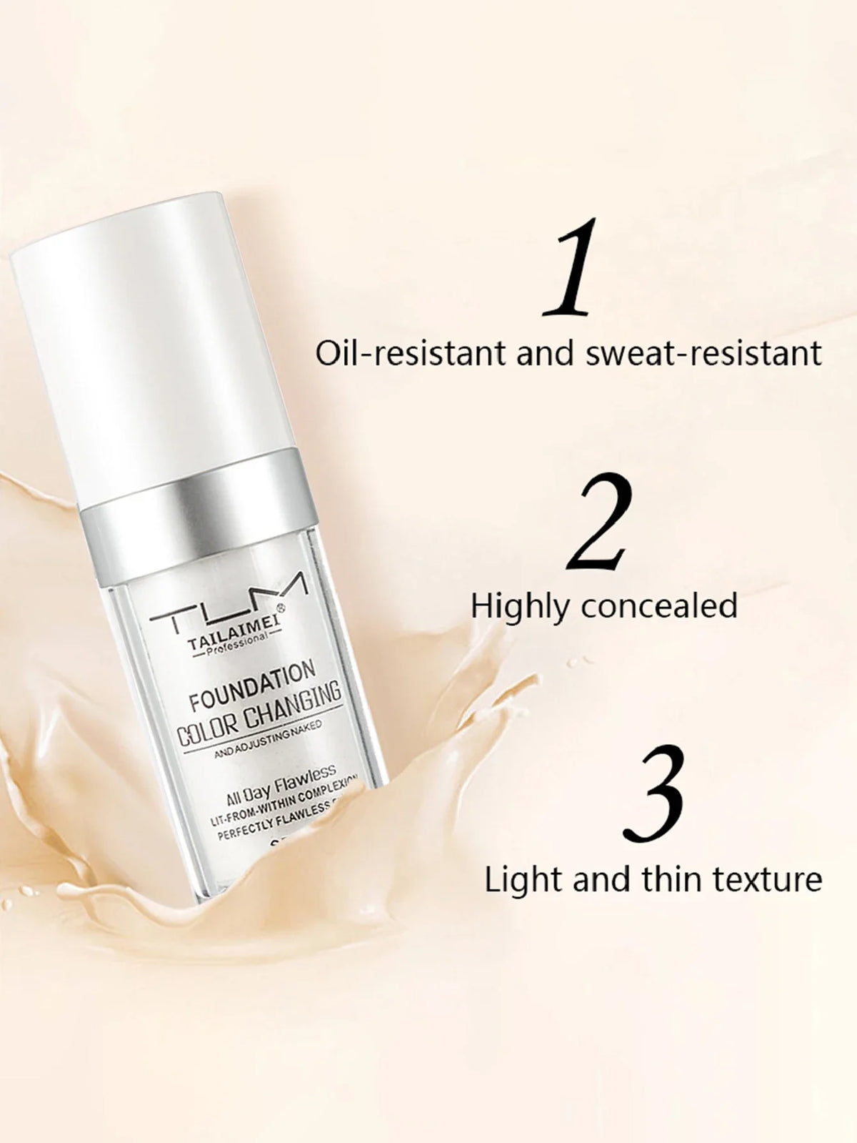 Color-Changing Liquid Foundation with SPF - Long-Lasting Water-Resistant Oil-Control Sunscreen Cream 30ml