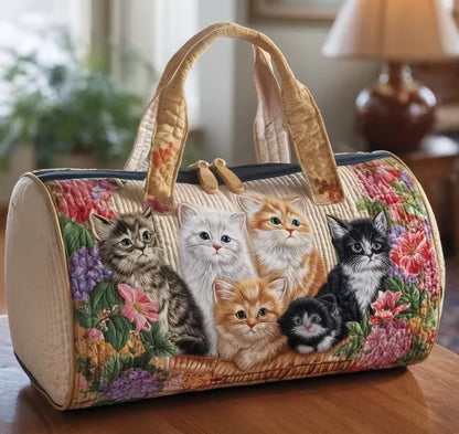 Plush Unisex Travel Tote - Quilted, Cat-Embroidered Fabric, For Beach, Hiking, Camping